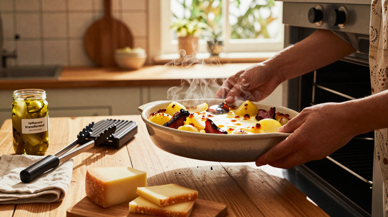 Pessoa a retirar travessa fumegante de batatas gratinadas do forno numa cozinha acolhedora.