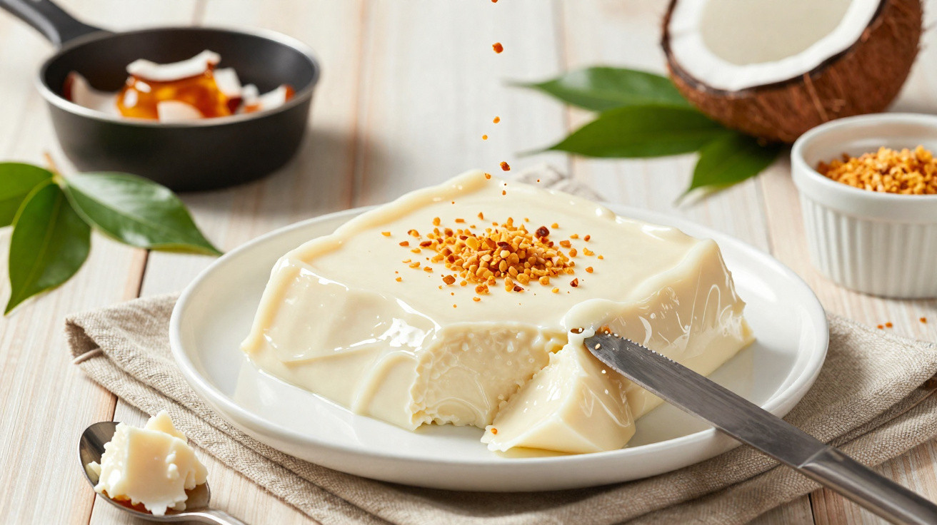 Doce de coco cremoso com granulado dourado servido num prato branco sobre mesa de madeira clara.