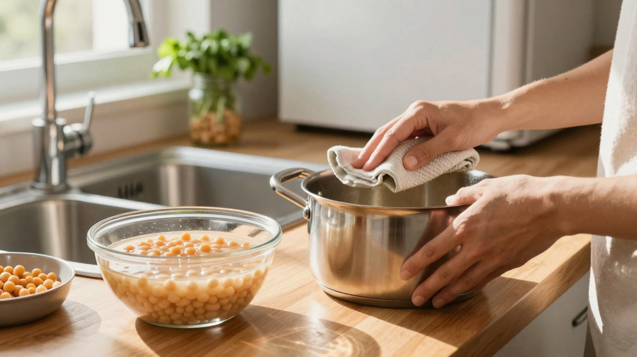 Mãos a limpar uma panela de inox na cozinha com grão-de-bico num recipiente de vidro na bancada de madeira.