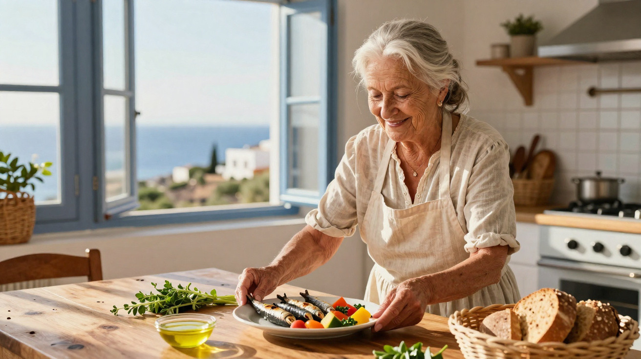 Mulher idosa em cozinha luminosa a preparar prato com peixe, legumes e azeite num ambiente soalheiro.
