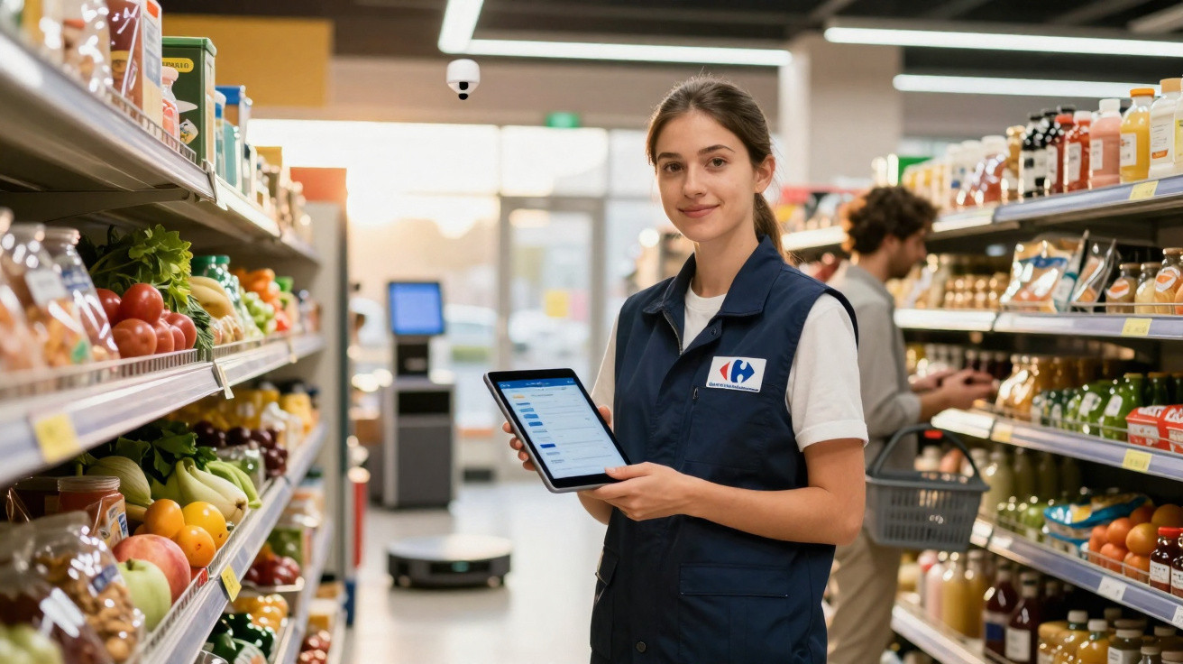 Funcionária de supermercado com tablet entre prateleiras de frutas e produtos, com cliente ao fundo.