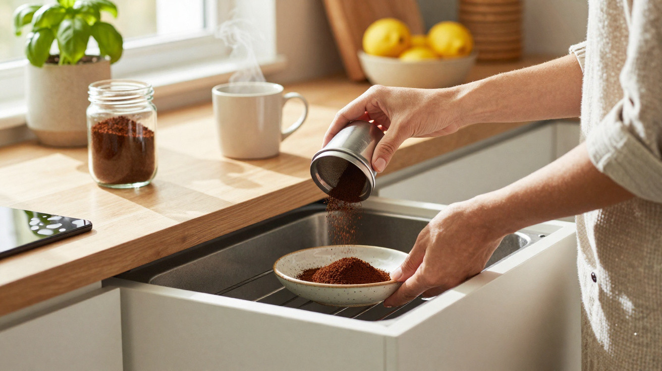 Pessoa a verter café moído num prato branco na bancada da cozinha junto à pia.