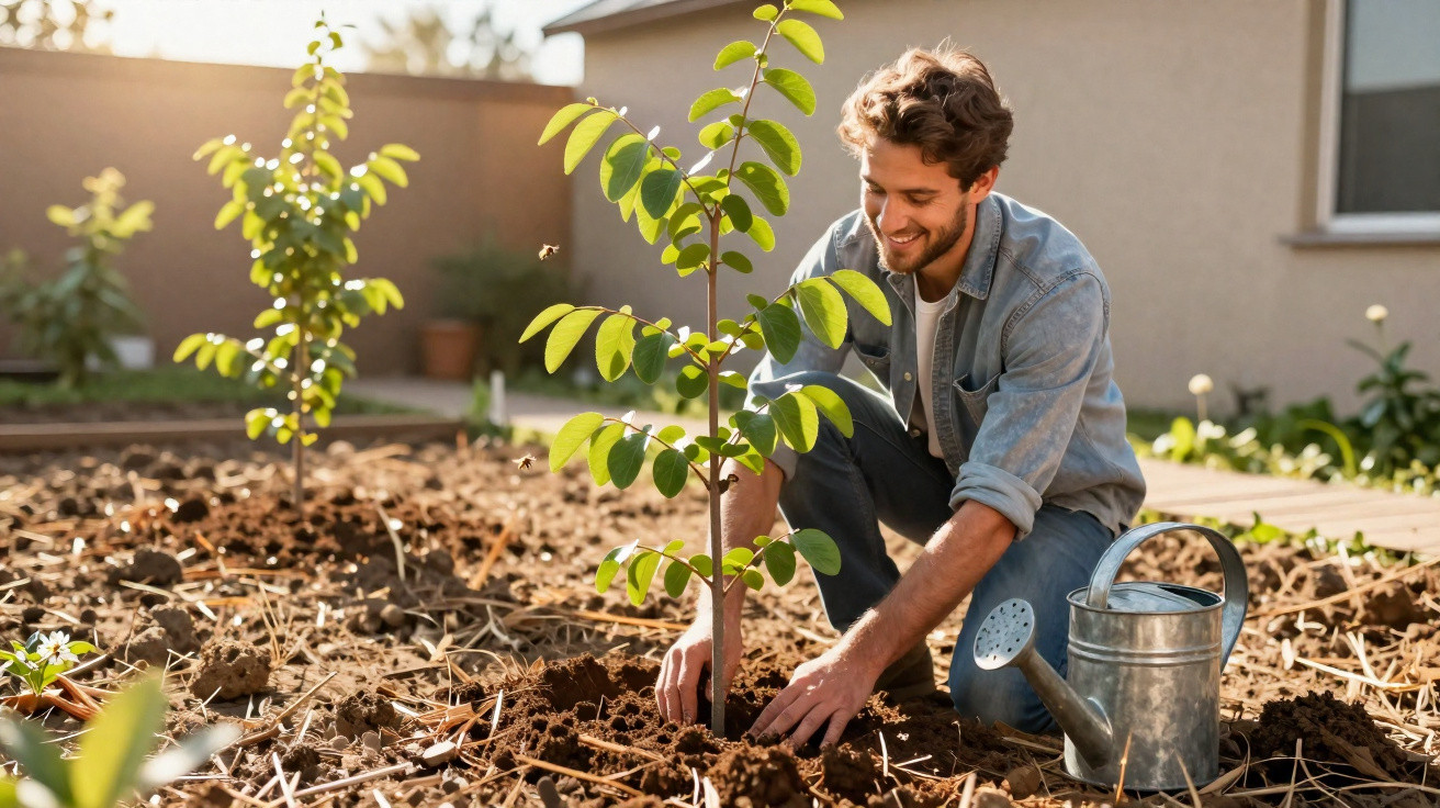 Homem sorridente a plantar uma árvore jovem num jardim com regador metálico ao lado.