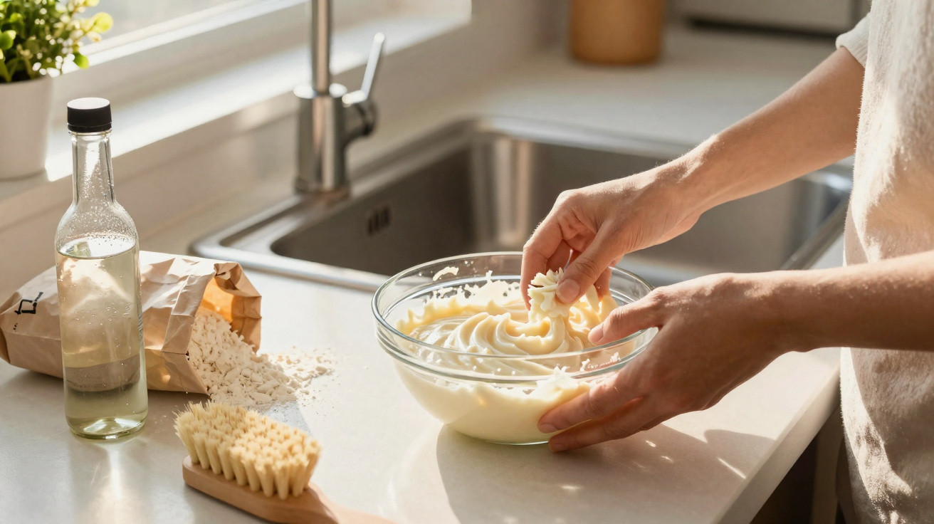 Mãos a preparar pasta de limpeza caseira num recipiente de vidro, com ingredientes na bancada da cozinha.