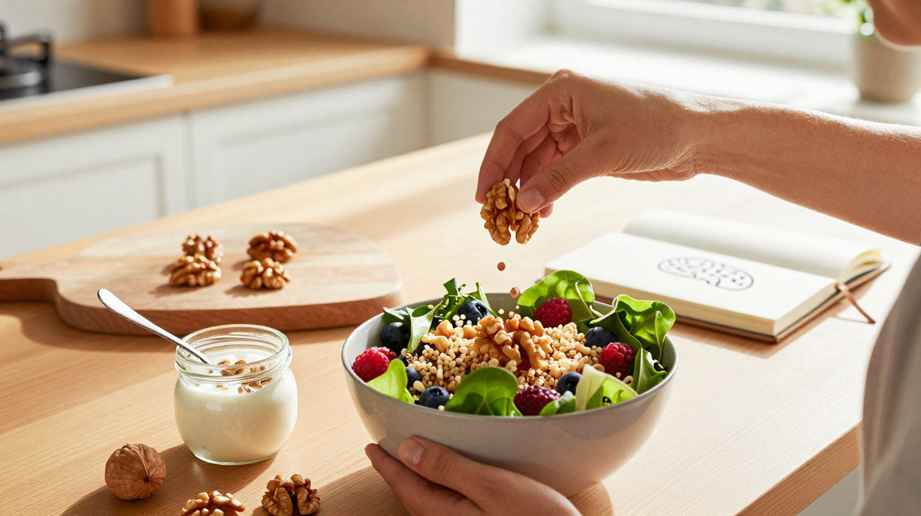 Pessoa a preparar salada com frutos vermelhos, espinafres, nozes e cereais numa cozinha luminosa.