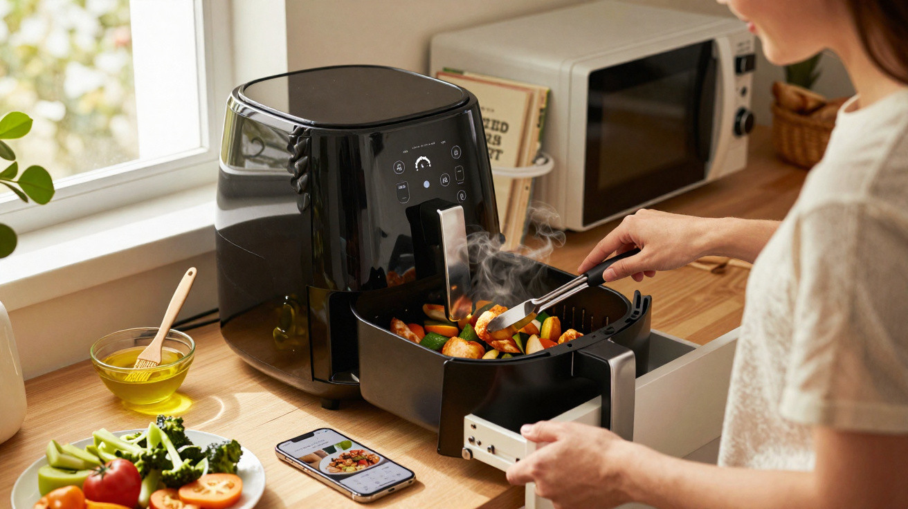 Pessoa a cozinhar legumes numa fritadeira elétrica numa cozinha iluminada por luz natural.