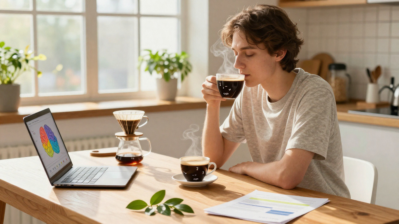 Jovem sentado a beber café junto a computador portátil com imagem colorida no ecrã e plantas na mesa.