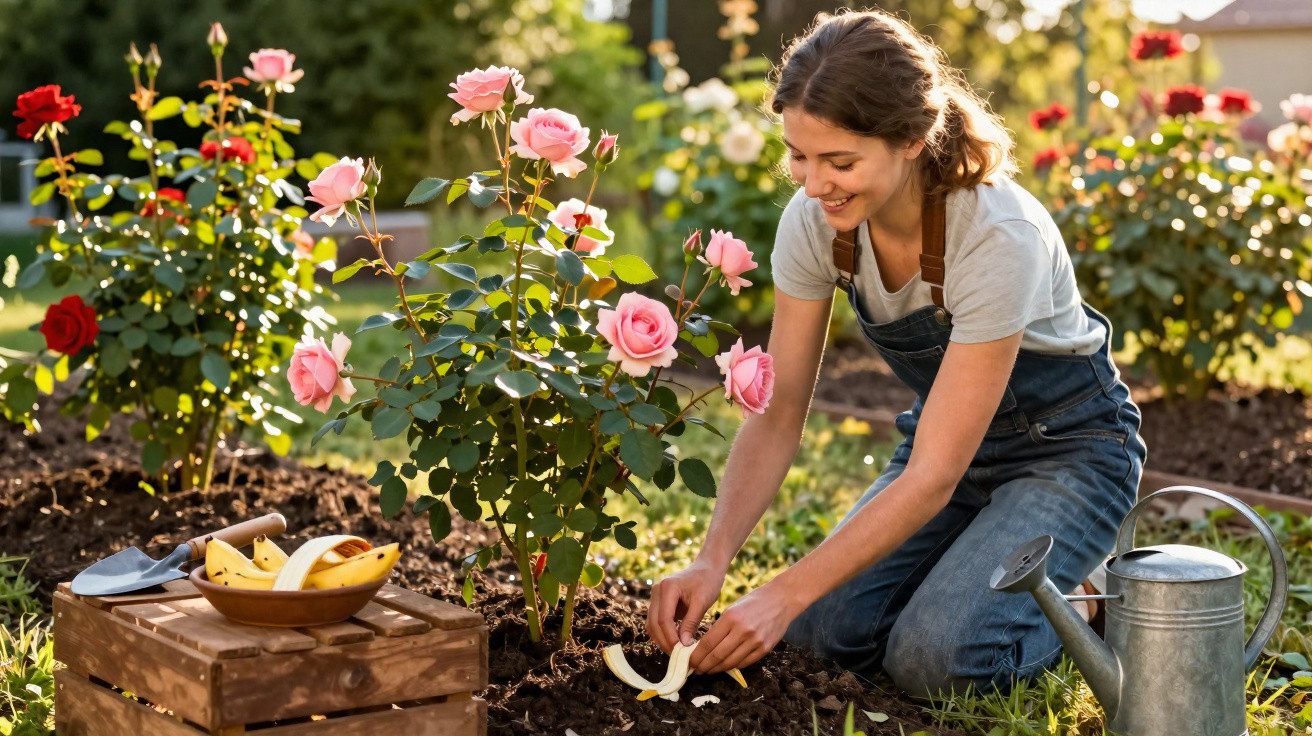 Mulher sorridente a cuidar de roseiras num jardim, com regador e frutos ao lado.
