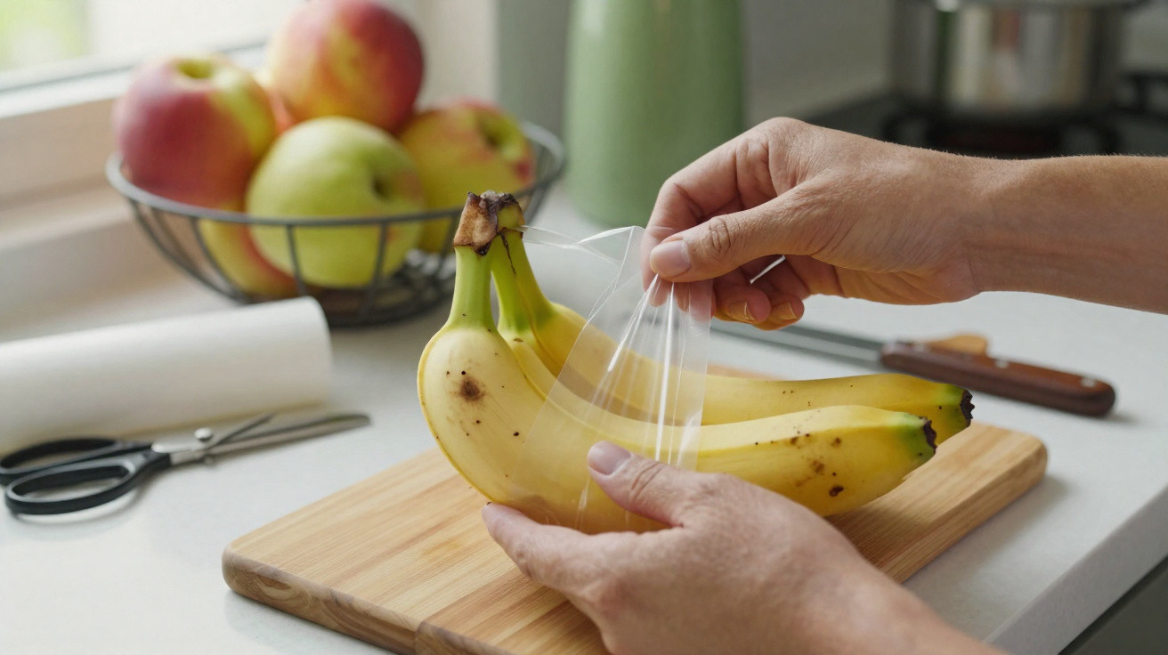 Mãos a envolver um cacho de bananas com plástico transparente numa cozinha com fruta ao fundo.