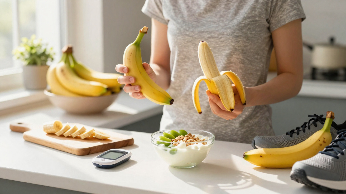 Pessoa a segurar bananas, com iogurte, frutas, teste de glicose e sapatilhas num balcão de cozinha.