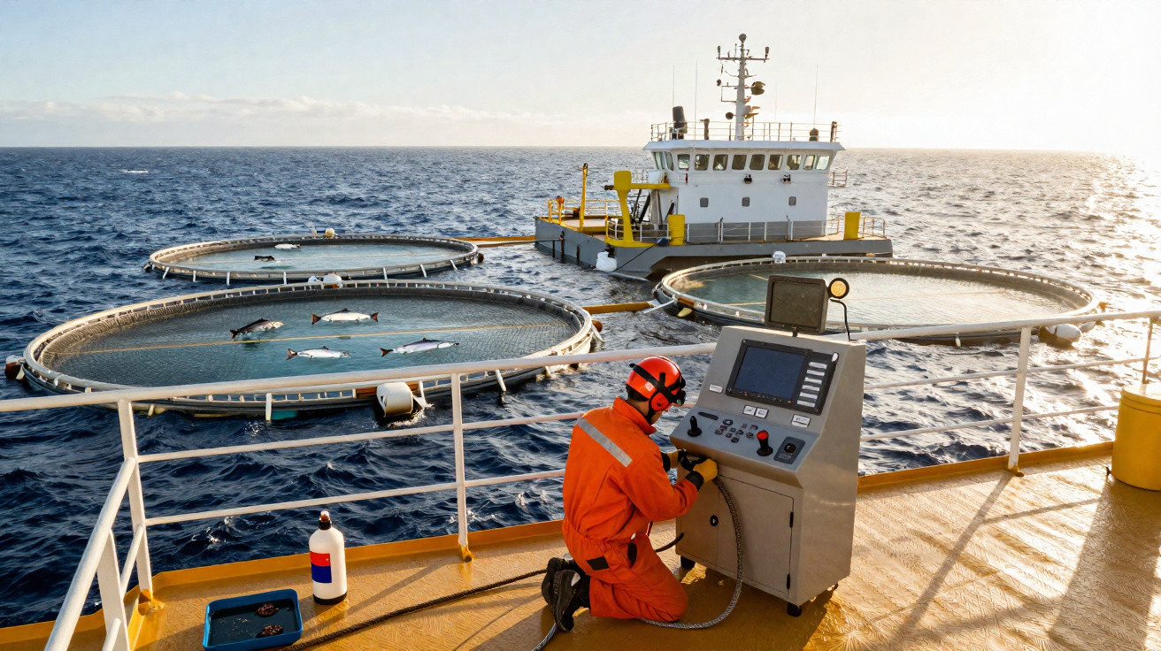 Técnico em fato laranja operando equipamento próximo a viveiros circulares de criação de peixes no mar aberto.