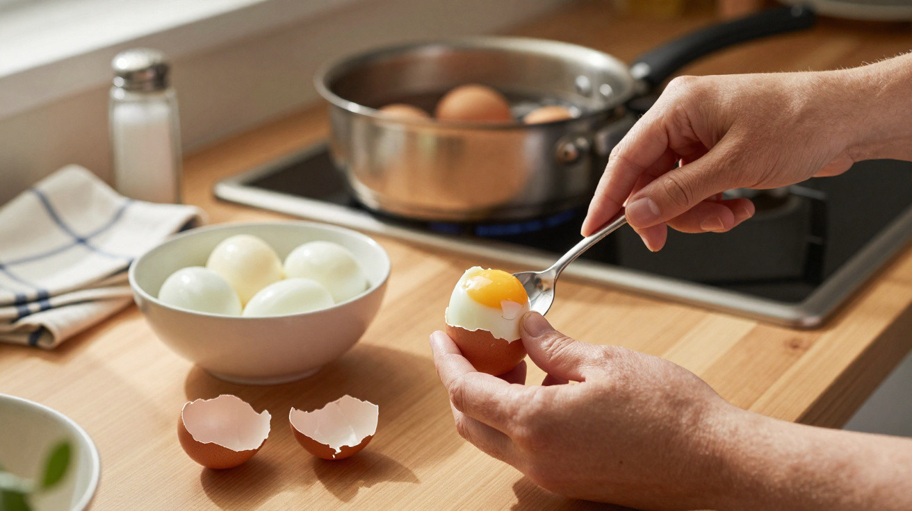 Mãos a descascar um ovo cozido com colher numa cozinha, com ovos descascados e panela ao fundo.