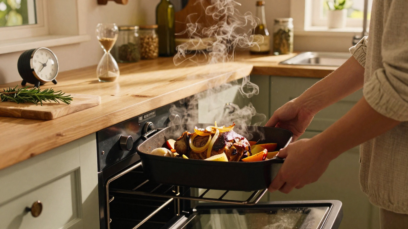 Pessoa a retirar assado fumegante do forno numa cozinha com bancadas de madeira e utensílios decorativos.