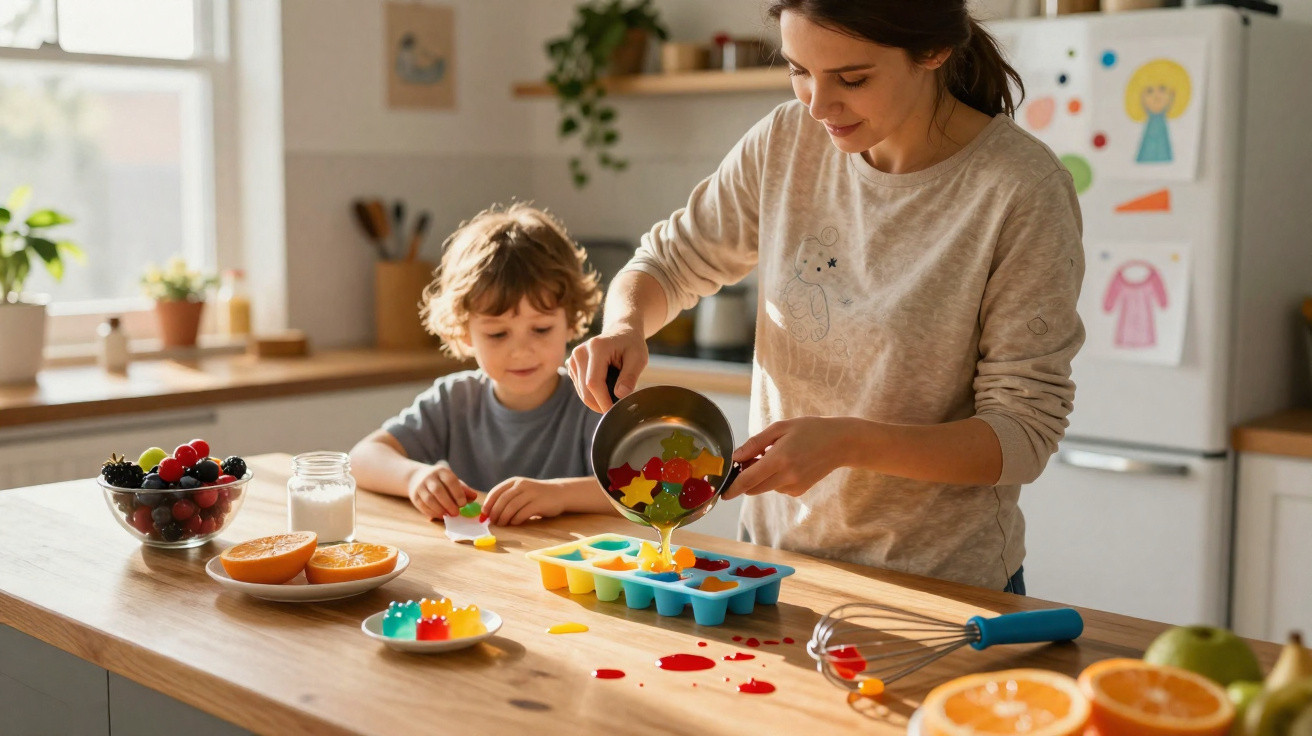 Mãe e filho a fazer gelatina colorida na cozinha iluminada, com frutas e utensílios sobre a bancada.