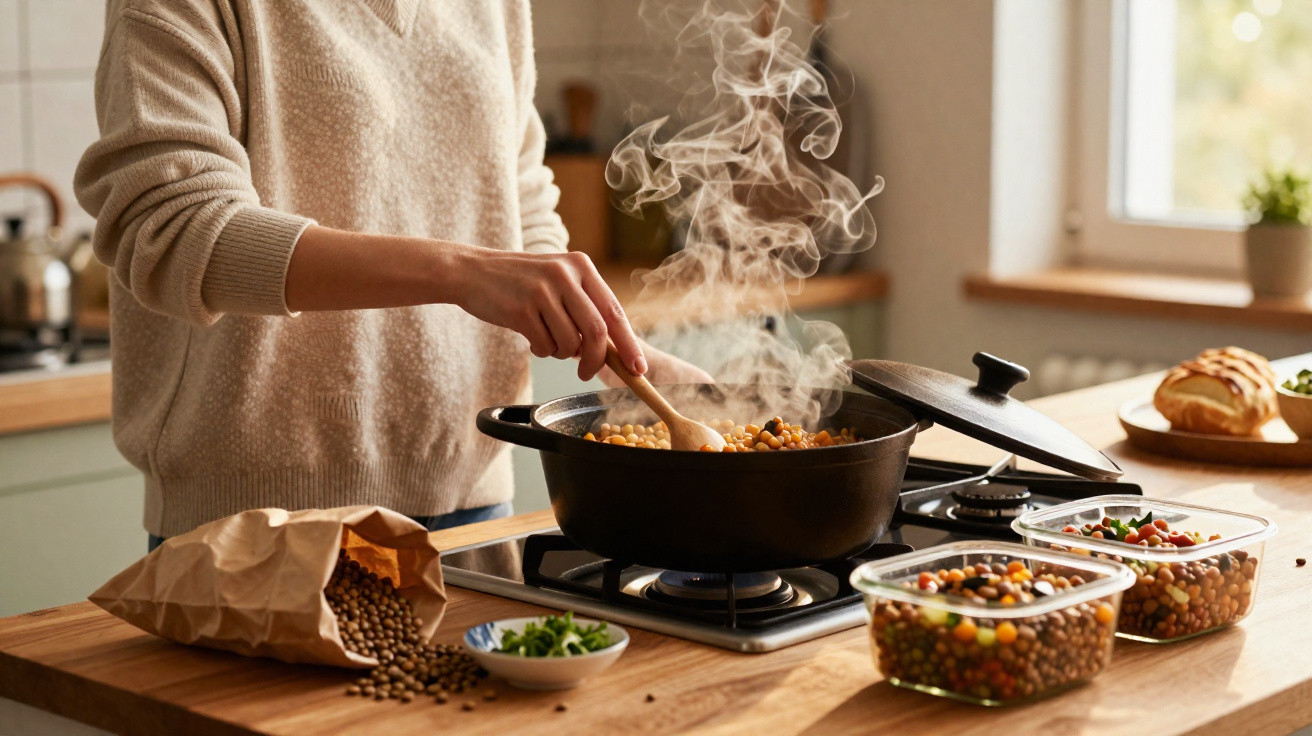 Pessoa a cozinhar grão-de-bico fumegante numa panela de ferro numa cozinha luminosa e organizada.