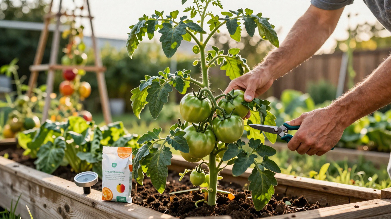 Pessoa a colher tomates verdes numa plantação urbana com tesoura de poda manual.