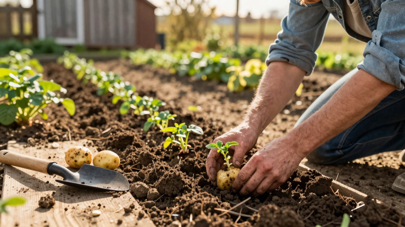 Pessoa a plantar uma batata com brotos num terreno de cultivo ao ar livre.