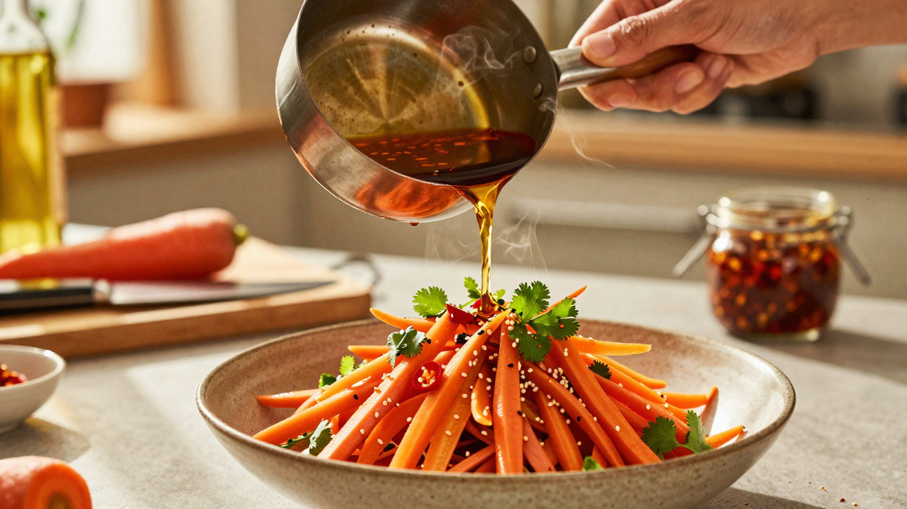 Mãos a deitar molho quente sobre salada de cenouras cortadas em tiras com coentros e sementes.