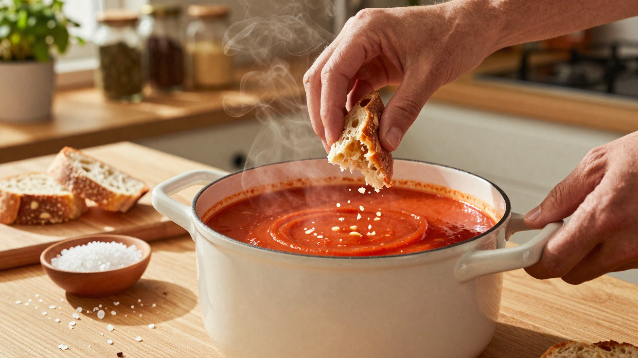 Mãos a mergulhar pão numa panela de sopa de tomate fumegante numa cozinha iluminada.