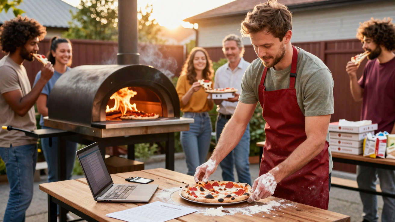 Homem a preparar pizza junto a forno a lenha enquanto amigos comem numa festa ao ar livre.