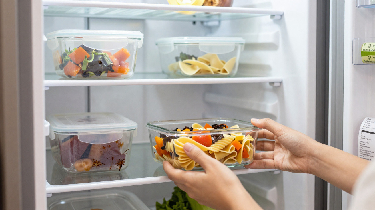 Mãos a colocar recipiente de vidro com salada e massa dentro de frigorífico com outros recipientes transparentes.