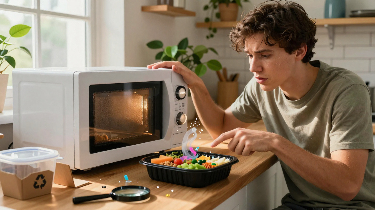 Homem a remover comida fumegante de micro-ondas numa cozinha iluminada e moderna.