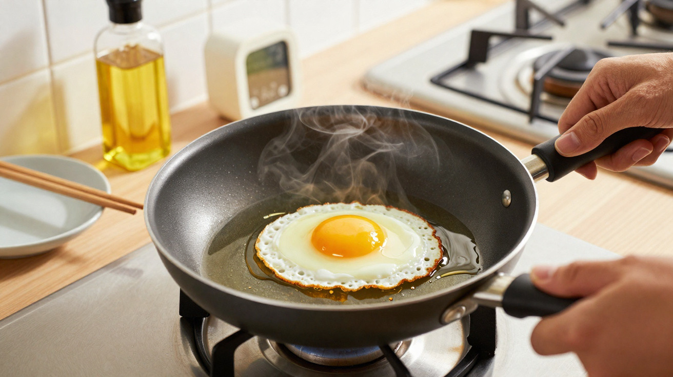 Ovo estrelado a cozinhar numa frigideira com óleo quente, sobre um fogão a gás, com vapor visível.