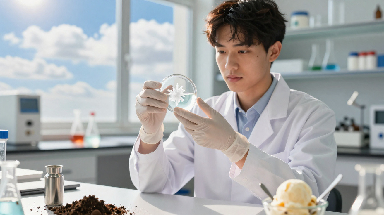 Cientista em laboratório a observar amostra de planta numa placa de Petri, com terra e instrumentos à sua frente.