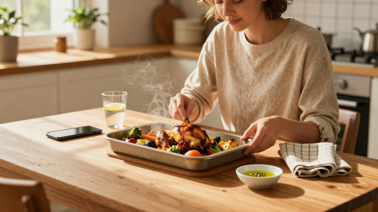 Mulher a temperar frango assado com legumes numa cozinha iluminada e moderna.