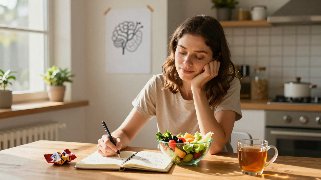 Mulher sentada numa cozinha, a escrever num caderno, com uma salada e chá numa mesa de madeira.