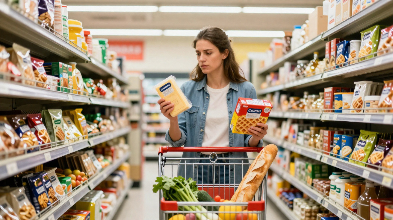 Mulher no supermercado compara dois produtos enquanto segura um carrinho com legumes e pão.