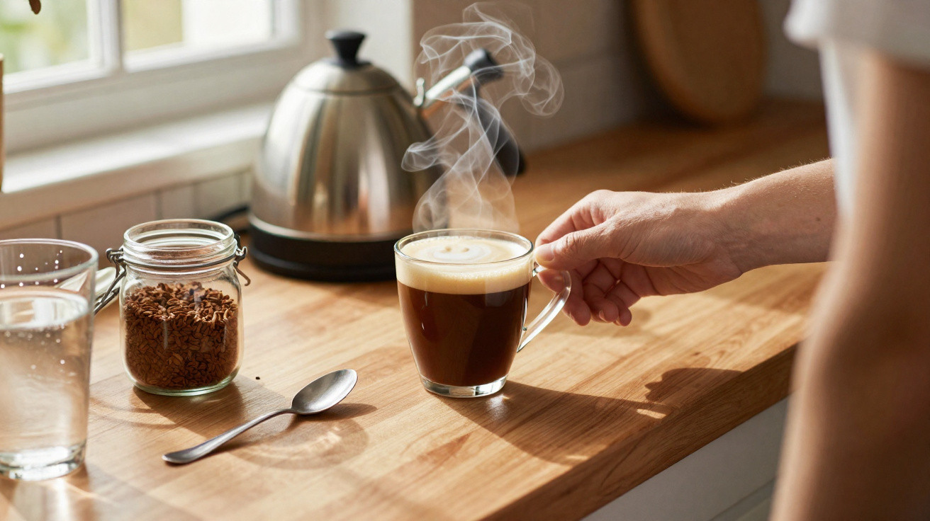 Mão a pegar chávena de café quente sobre bancada de madeira, com bule, frasco de café instantâneo e colher.