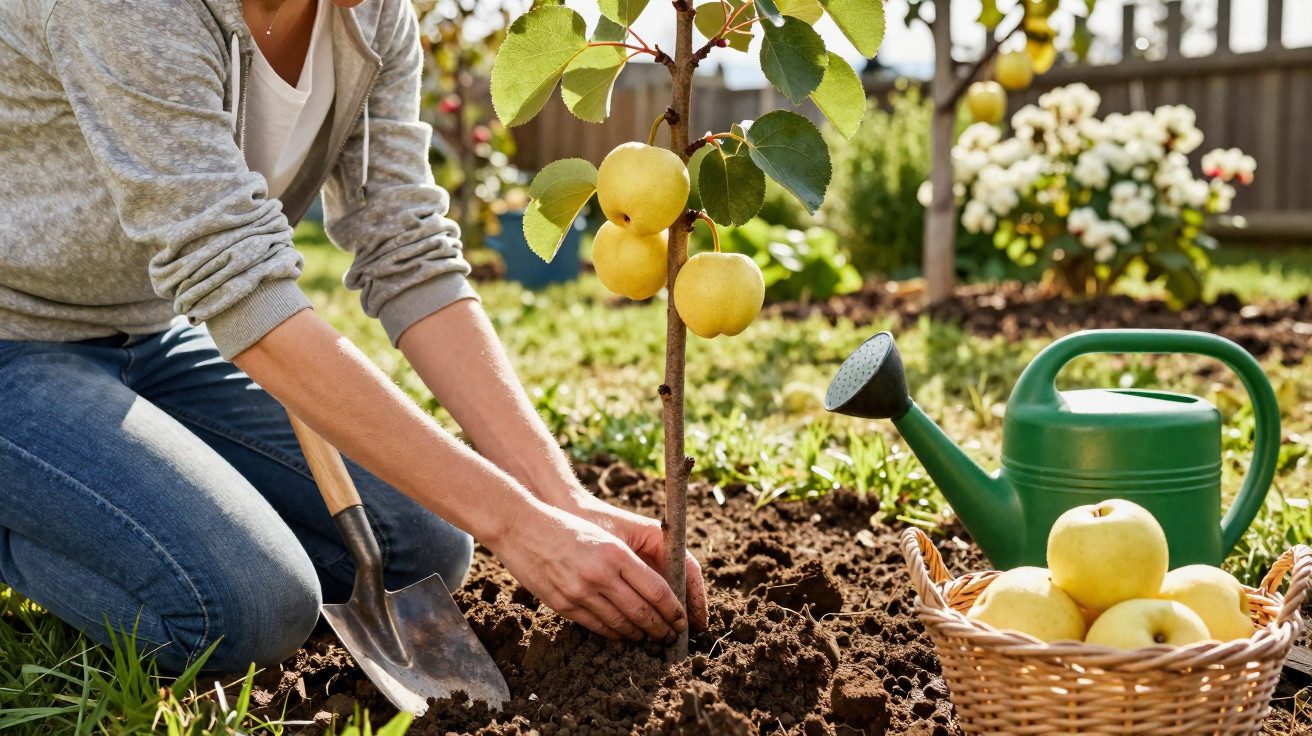 Pessoa a plantar uma macieira jovem num jardim, com cesta de maçãs e regador verde ao lado.
