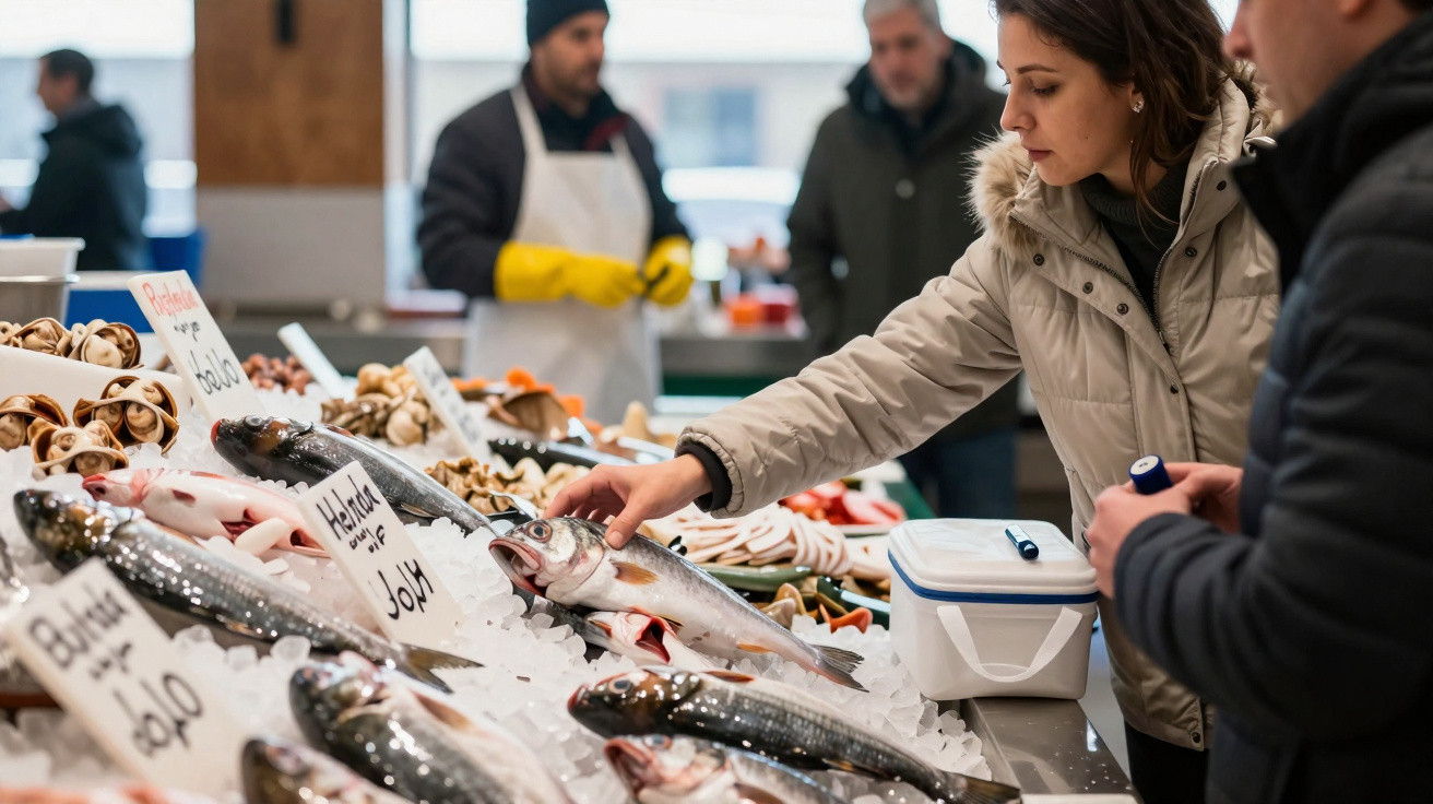Mulher com casaco bege escolhe peixe fresco num mercado de peixe com vendedores ao fundo.