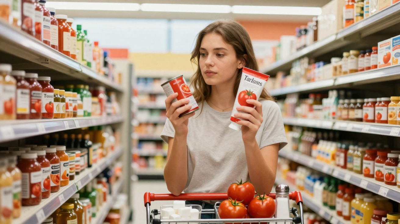 Mulher jovem compara produtos de tomate no supermercado enquanto faz compras com carrinho cheio.