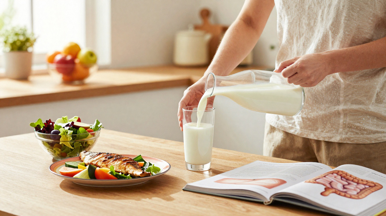 Pessoa a servir leite num copo numa mesa com prato de comida, salada e livro de anatomia aberto.