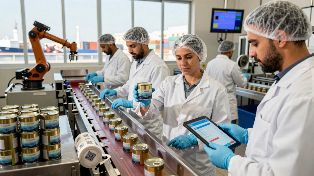 Trabalhadores em laboratório com equipamentos de proteção analisam latas numa linha de produção automatizada.