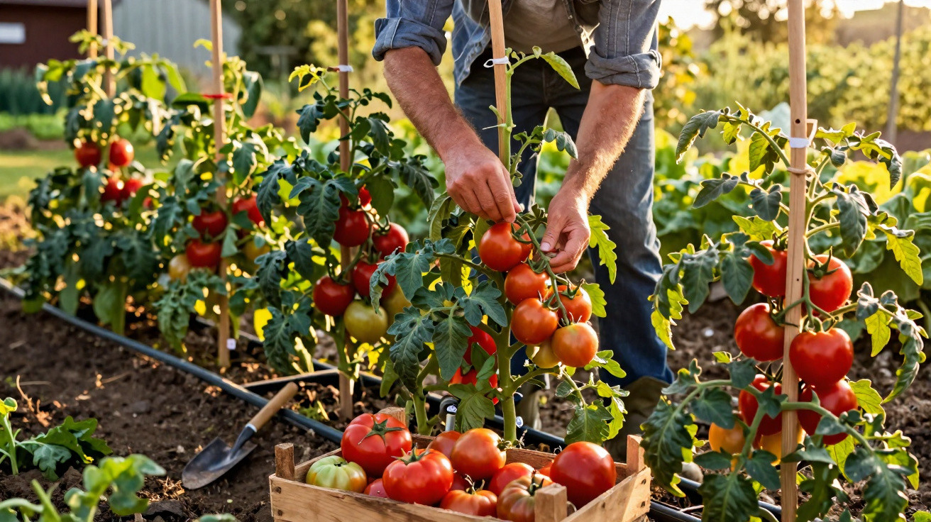 Pessoa a colher tomates maduros numa horta com várias plantas de tomateiras amparadas por suportes de madeira.