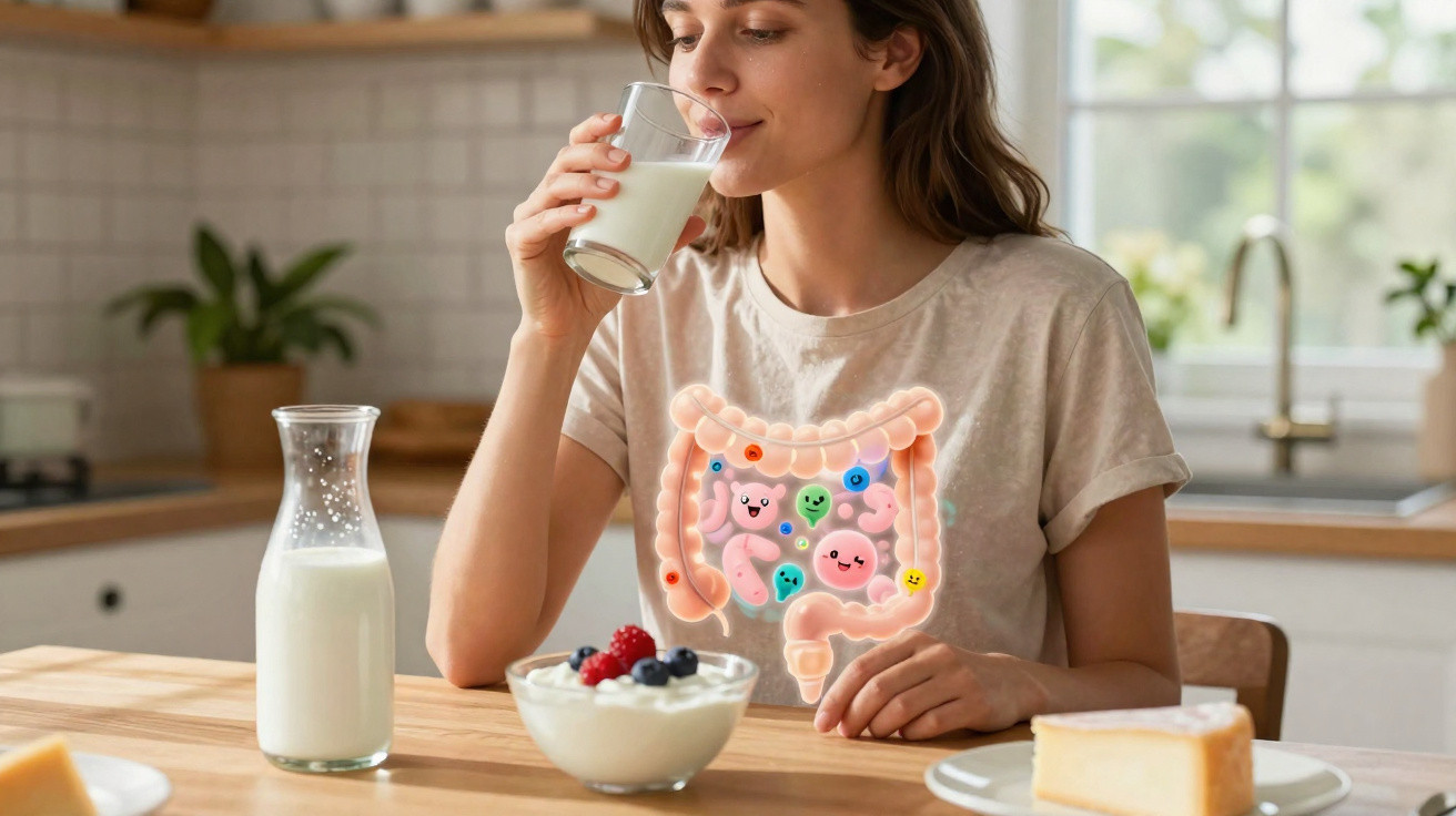 Mulher a beber leite, com ilustração do intestino e bactérias amigáveis, em cozinha moderna.