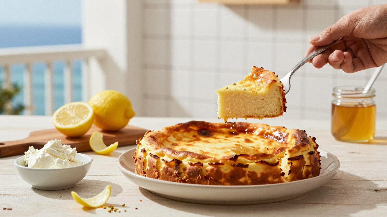 Tarte de limão com crosta dourada numa mesa, com fatia a ser servida e chantilly ao lado.