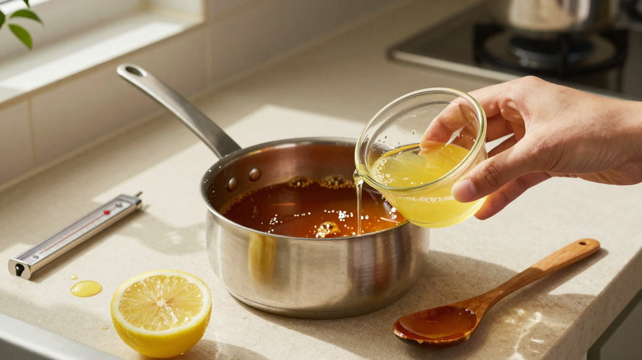 Pessoa a verter líquido amarelo para uma panela com líquido castanho numa cozinha luminosa.