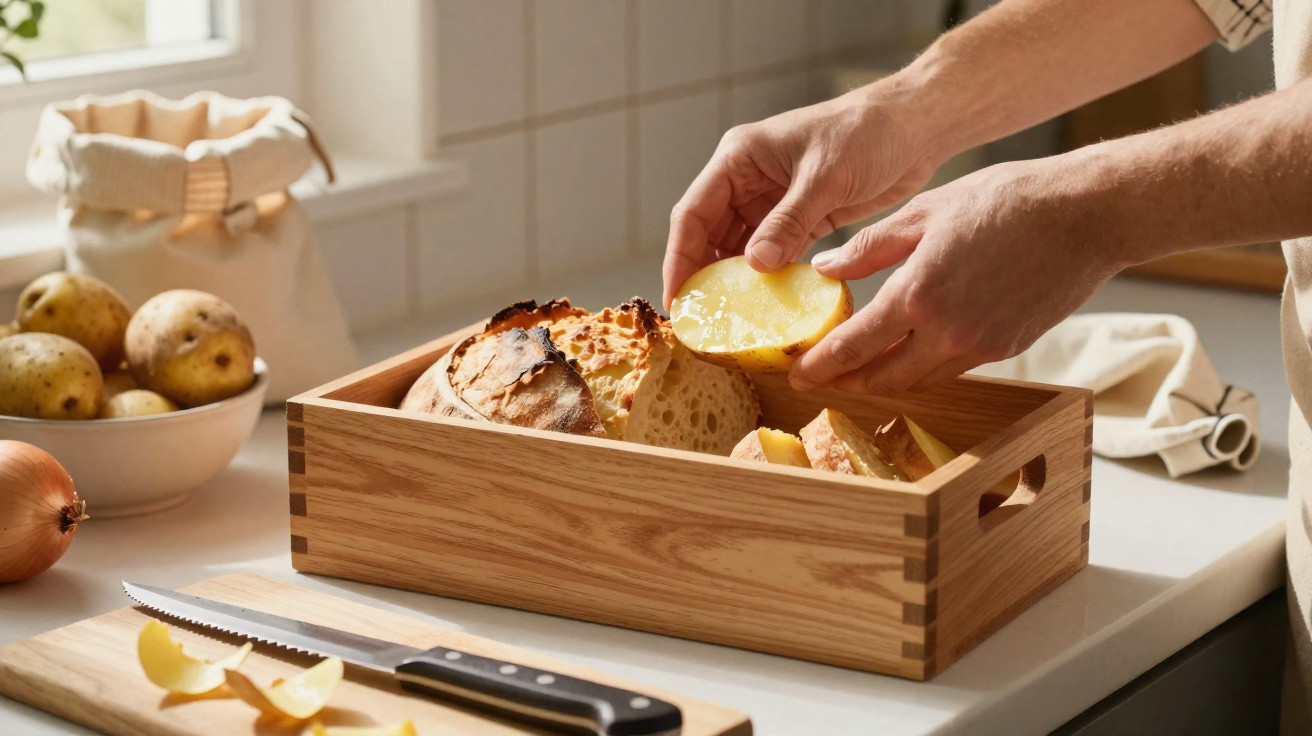 Mãos a colocar fatias de batata num cesto de madeira com pão numa cozinha iluminada.