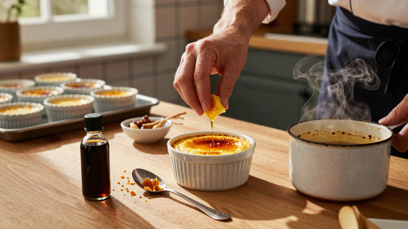 Pessoa a queimar a superfície de uma crème brûlée numa cozinha com colheres e ingredientes ao lado.