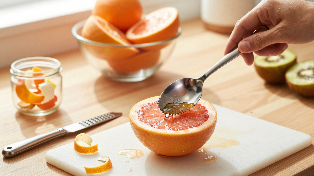 Pessoa usa colher para remover sementes de meio toranja sobre tábua branca numa cozinha iluminada.