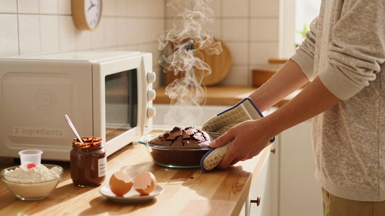 Pessoa a retirar do forno uma tarte quente de chocolate que liberta vapor, junto a ingredientes sobre a bancada de cozinha.