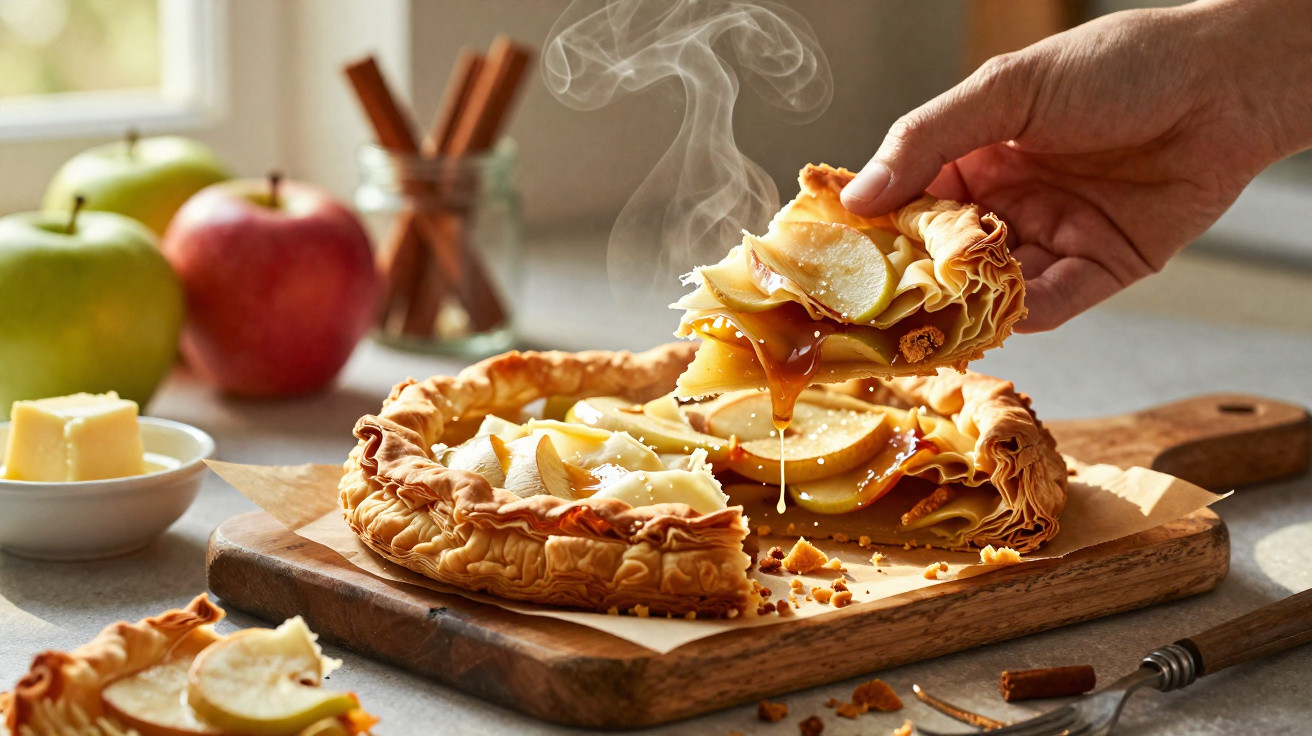 Mão a servir uma fatia fumegante de tarte de maçã com caramelo, sobre tábua de madeira, com maçãs e canela ao fundo.