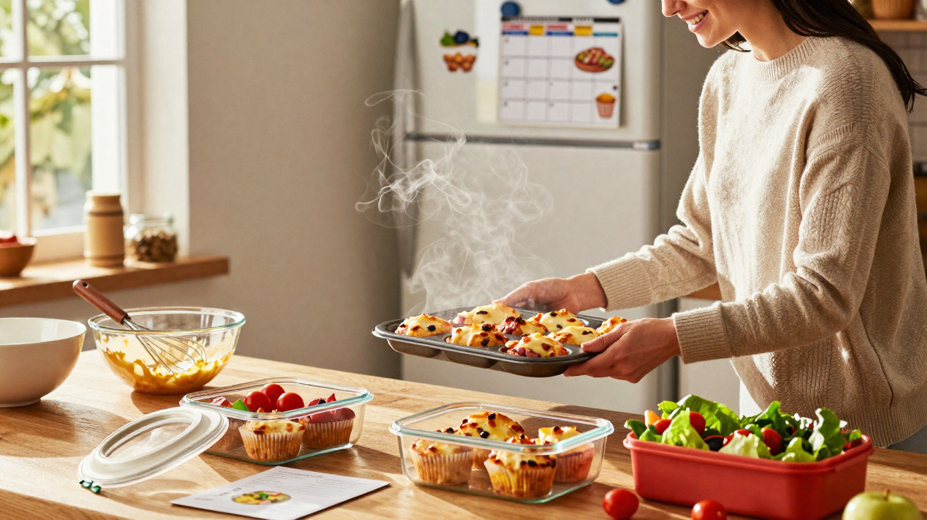 Mulher a retirar muffins quentes do forno numa cozinha luminosa com salada e vegetais na mesa.