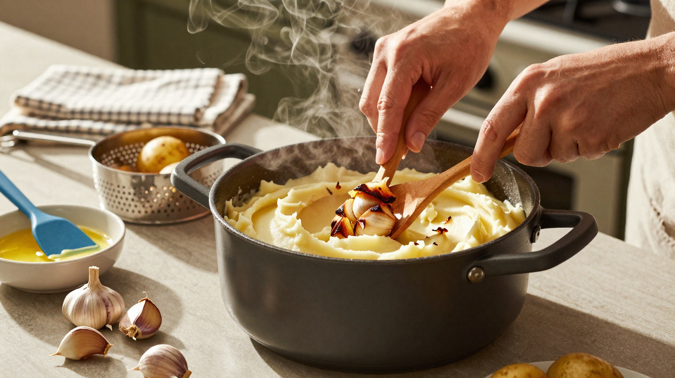 Duas mãos a misturar puré de batata quente com cebola caramelizada em tacho preto na cozinha.