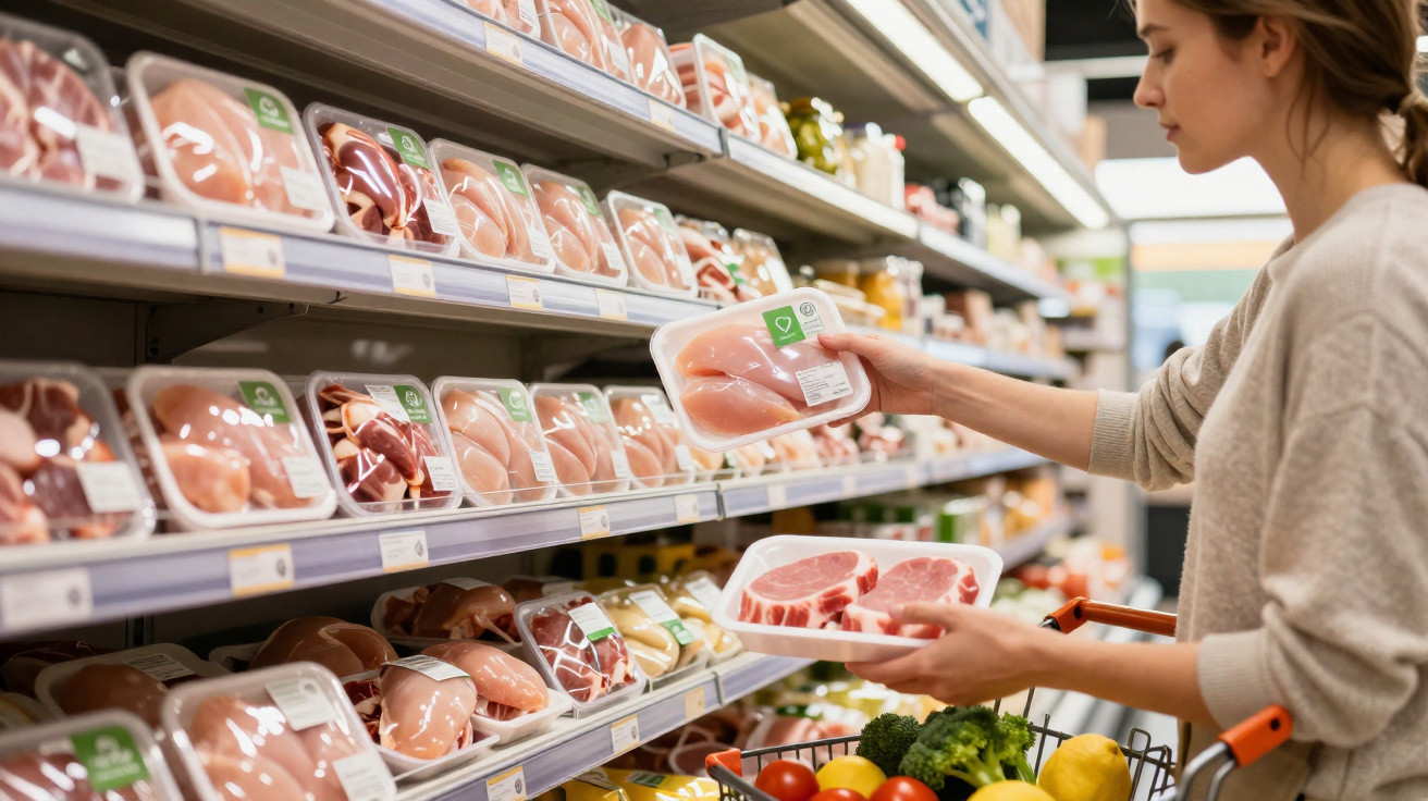 Mulher a escolher embalagens de carne fresca no supermercado, com carrinho cheio de legumes e frutas.
