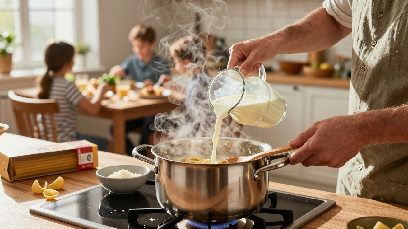 Pessoa a verter leite numa panela em lume, com crianças a comerem ao fundo numa cozinha iluminada.